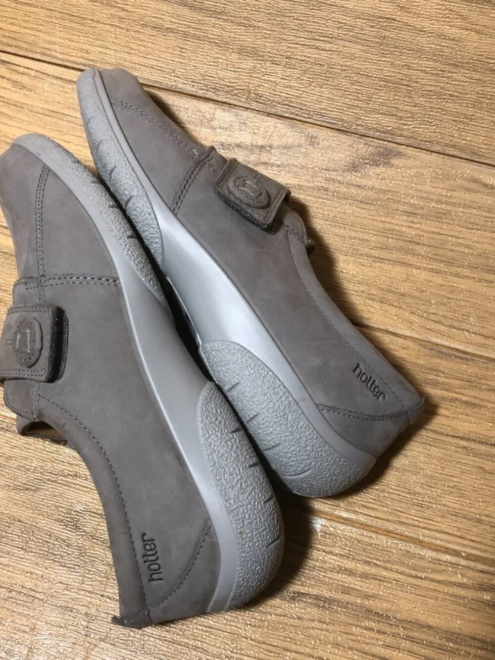 Hotter women gray nubuck loafers, one hook and loop side closure, 10